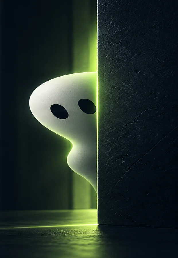 The CostBuster cinematic white ghost hiding behind a dark wall with lime green glow